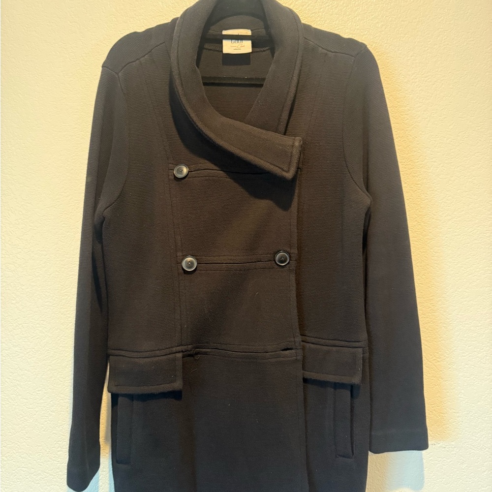 🍄 CAbi Black Double-Breasted Knit Coat with Shawl Collar